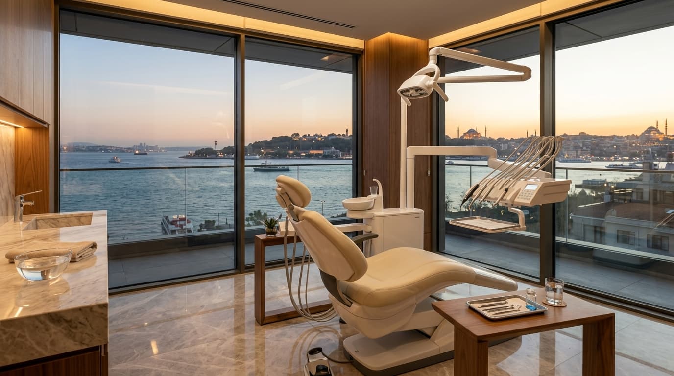 Ataköy'de deniz ve İstanbul silüeti manzaralı özel diş kliniği muayene odası ve modern diş ünitesi